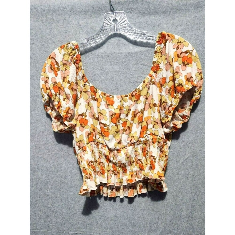 no frills LA Retro Floral Smocked Crop Top - Puff Sleeve Boho Blouse  - Sz XL